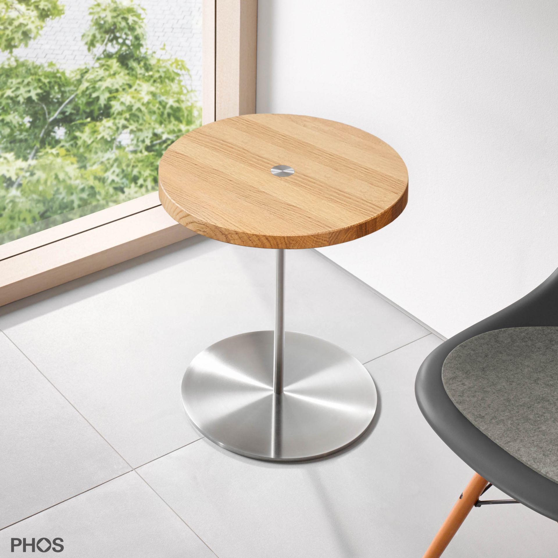 BT400-Eiche-E Приставной столик высотой 40 см, столешница из дуба, опорная плита из массивной нержавеющей стали. PHOS 