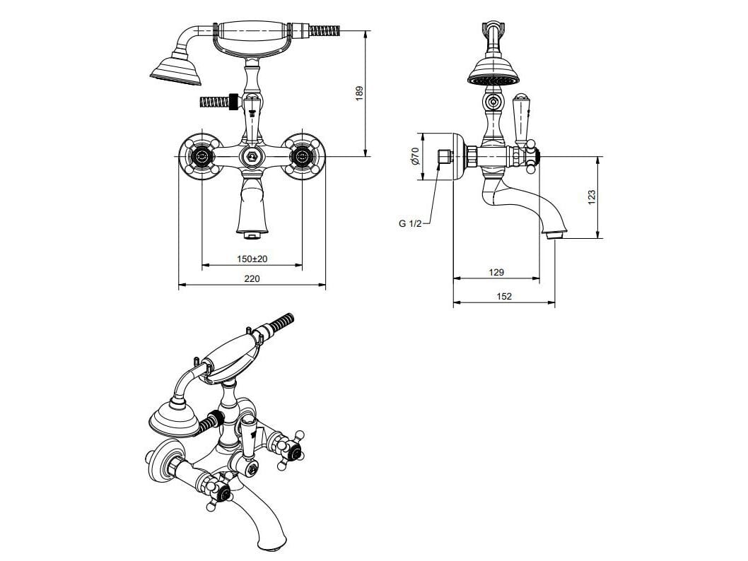 Хромированный латунный настенный смеситель для ванны Bugnatese ARCADIA ARCH-00057310 - Вид №2