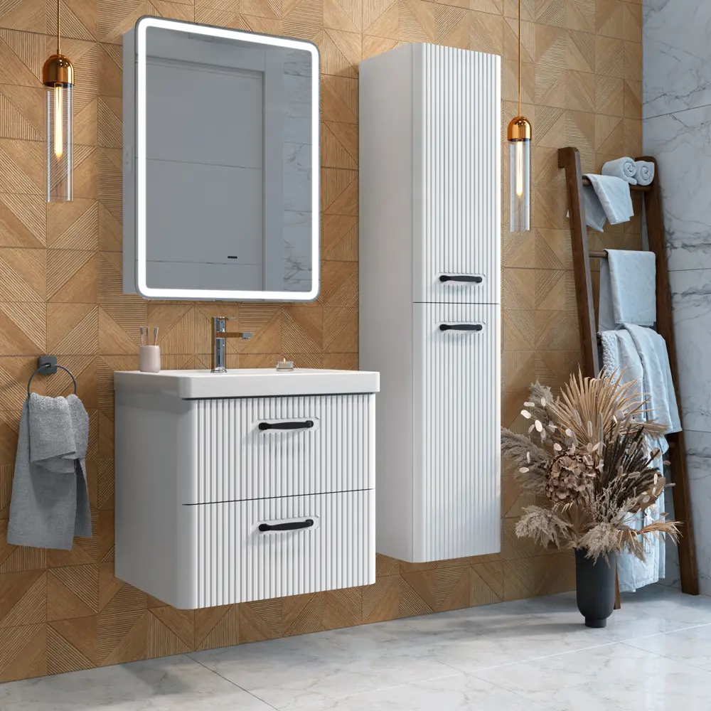 Шкаф-пенал для ванной комнаты Ноэль подвесной 160x36 см цвет белый софт матовый Santreyd STLM-2144871 - Вид №3