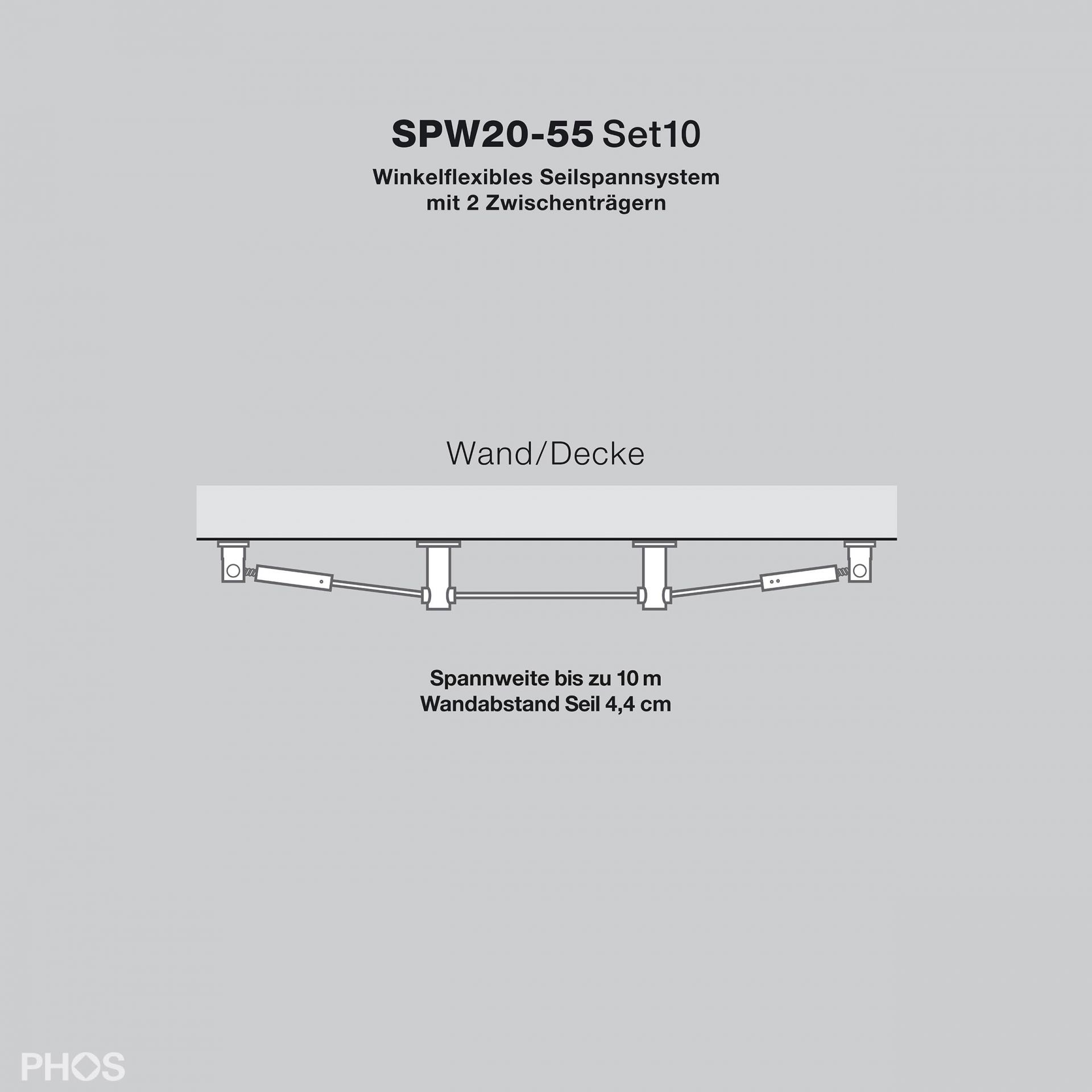 SPW20-55Set10 Гибкая система натяжения кабеля до 10 метров, расстояние до стены 4,4 см PHOS 