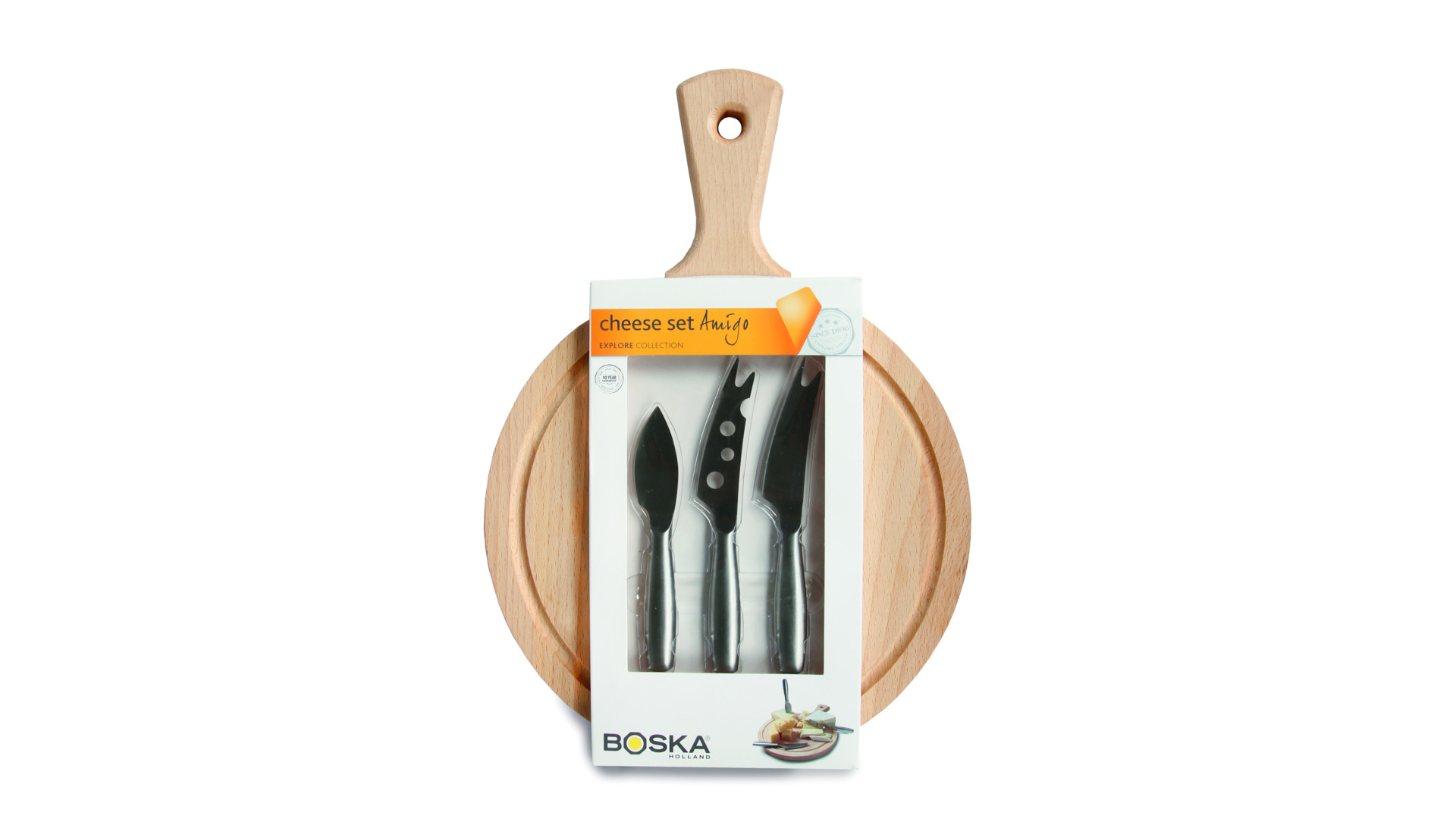 10625058 Boska Набор для сыра Boska "Амиго" (доска круглая из бука с ручкой 24х34см и 3 мини ножа из стали), п/у Сталь нержавеющая  - Вид №2