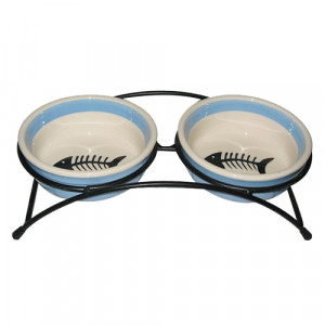 ПР0049198 Миска для животных Fish двойная голубая керам. на металл.подставке 12,5х12,5х4,5см 2х300мл Foxie