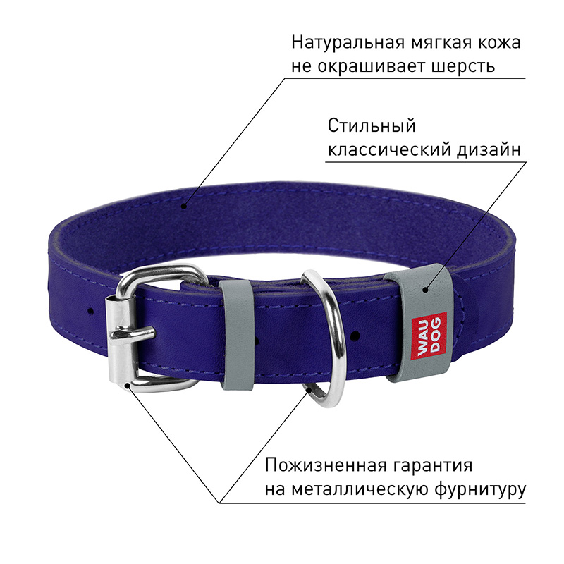 ПР0053713 Ошейник для собак Waudog Classic кожа, металлическая пряжка (шир.12мм, дл.19-25см) фиолетовый COLLAR  - Вид №2