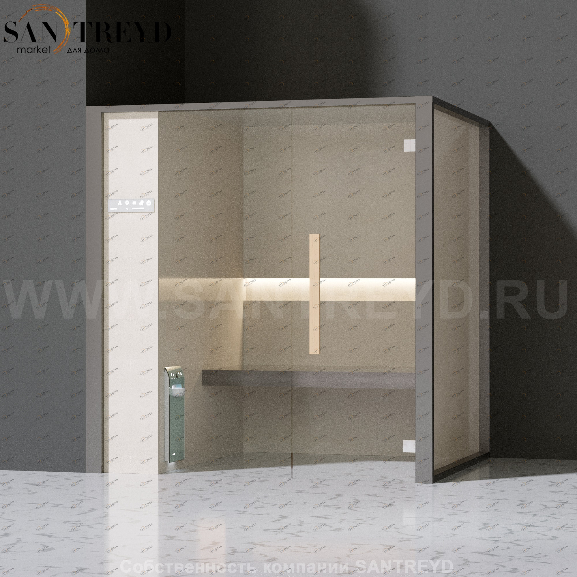 Effegibi ONEFILO H LO61010006 Хаммам. Установка: в левый угол. Левая дверь. Мощность: 4,5 кВт макс. Размеры: длина 214 см, ширина 171 см. Отделка: матовый лакированный серый аллюминий и бежевый ламинат из керамогранита.