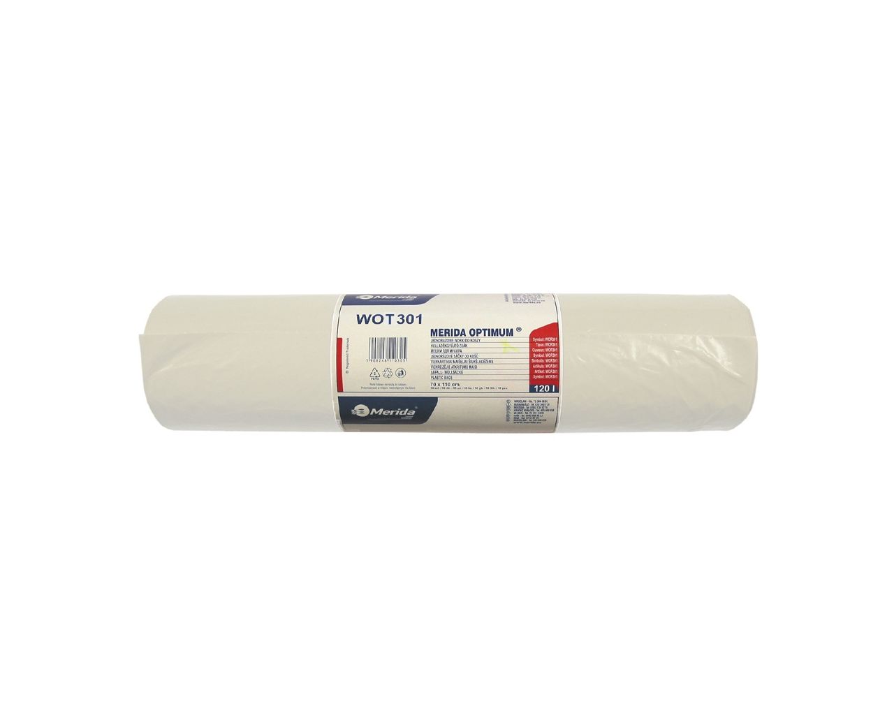 WOT301 Одноразовые мешки для мусора OPTIMUM, 70 x 110 см, вместимость 120 л, рулон 50 шт, ПРОЗРАЧНЫЕ, HDPE/LDPE Merida 