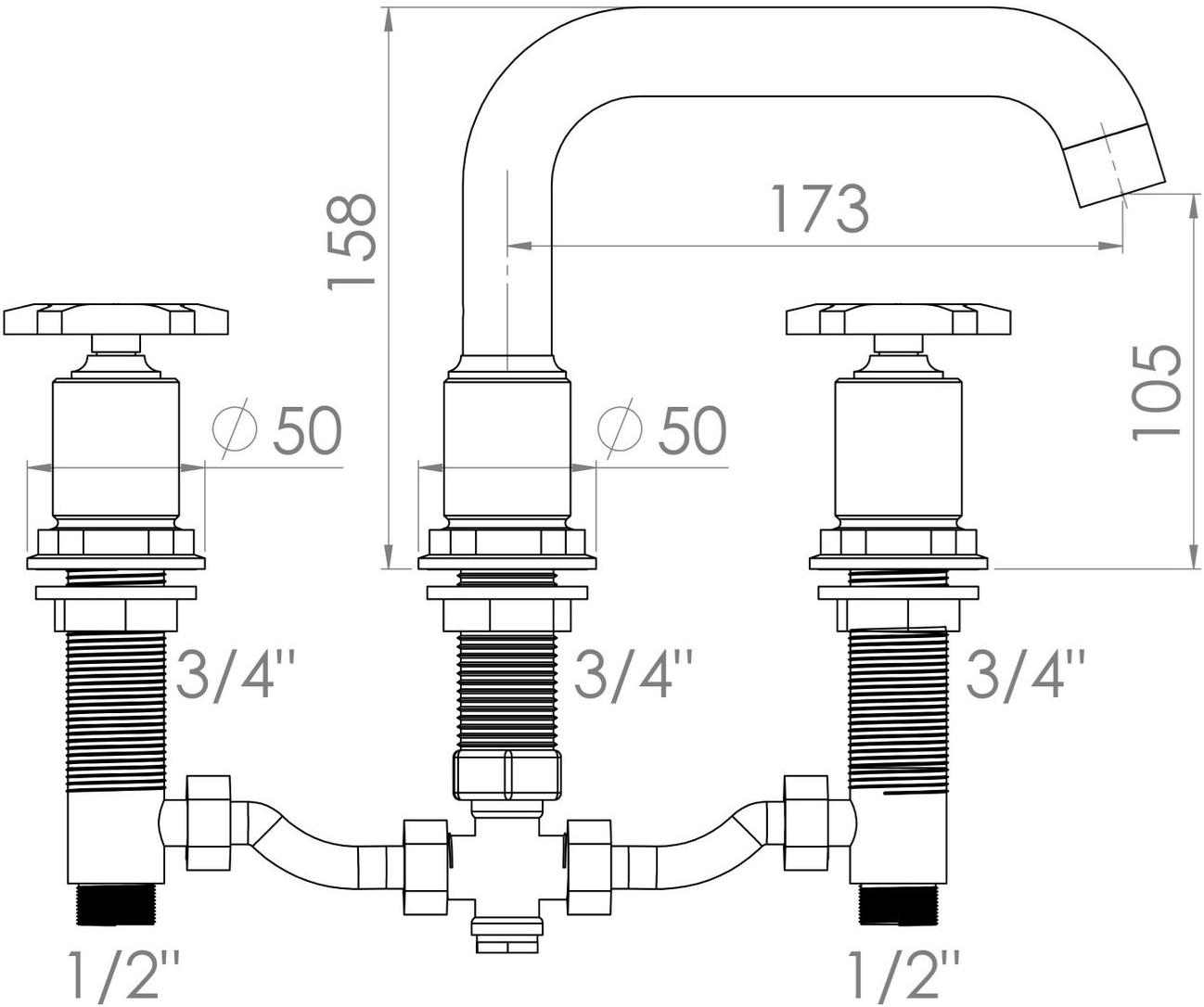 rvb Смеситель для умывальника, металлический, на 3 отверстия Flamant factory 1960.--.45 - Вид №1