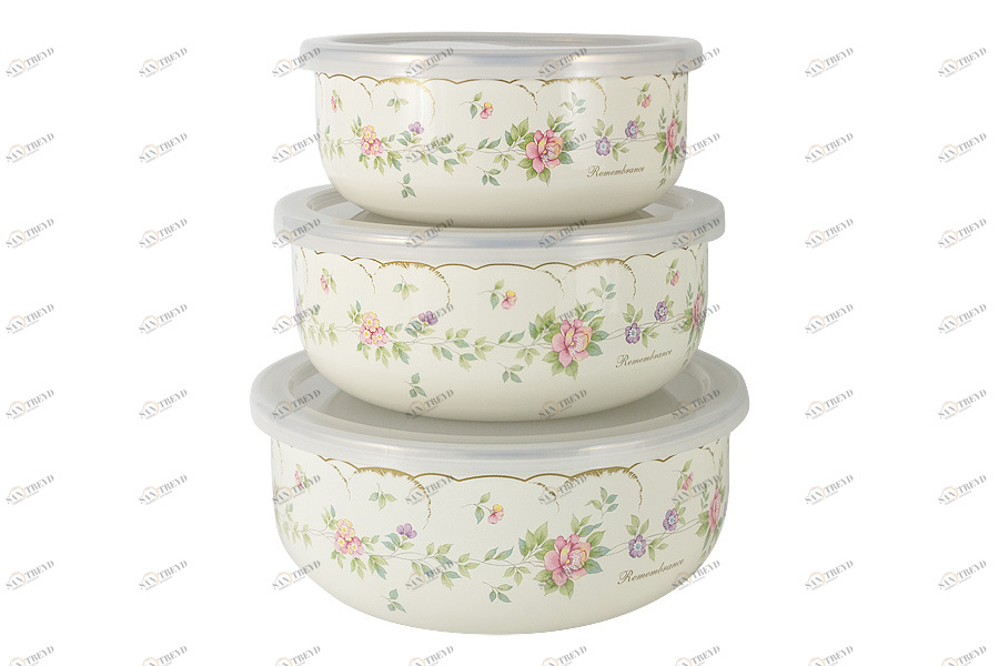 Миски эмалированные с крышками 3 шт белые "Воспоминание" EJIRY ЦВЕТЫ 00-3973430 Бежевый 