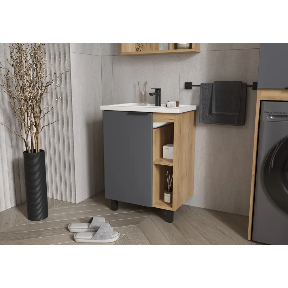 Тумба под раковину Сохо KONSENSA напольная 76.8 см цвет дуб гудзон золотой/серый софт тач с раковиной Фостер 80 см правая 89433258 STLM-2118148 - Вид №4