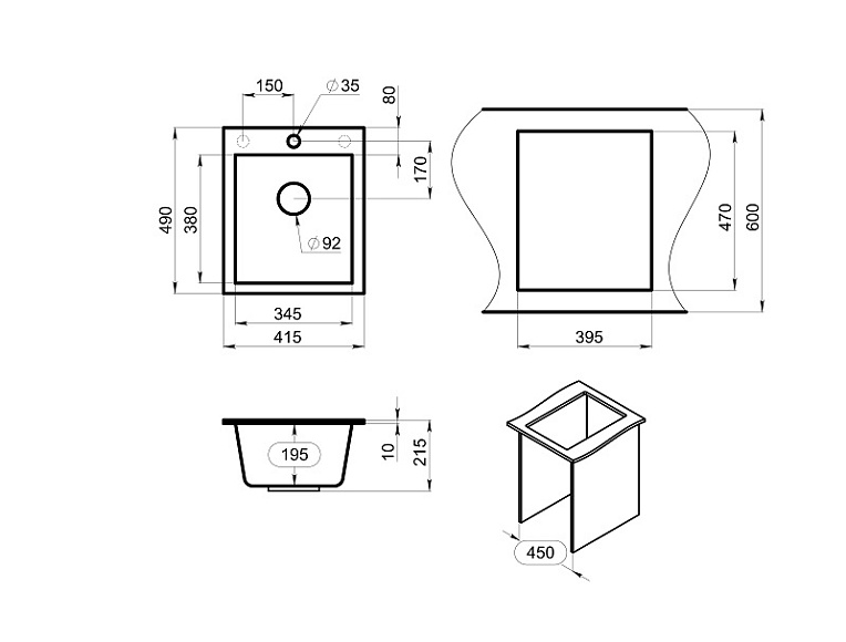 4201, ГРАФИТ (ЧЁРНО-СЕРЫЙ), кухонная мойка, кварц GRANULA 4201-ST75 - Вид №3