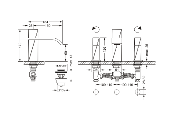 Смеситель для раковины на три отверстия ½" JOERGER Turn 623.30.300.000 - Вид №1