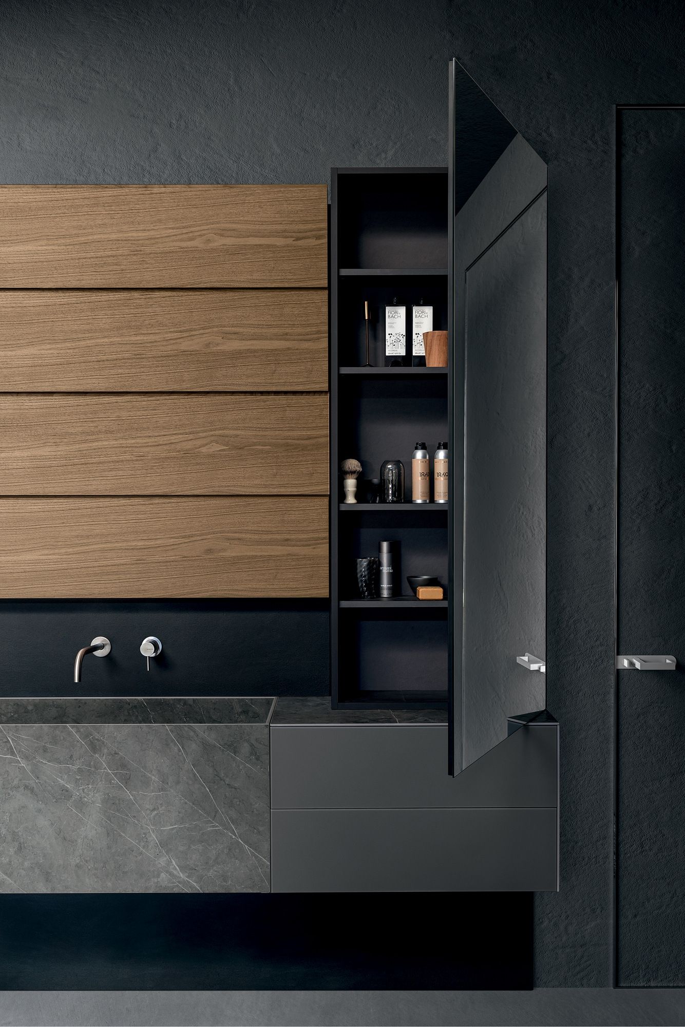 Шкаф для раковины из грецкого ореха и керамики с зеркалом и ящиками MODULNOVA Blade ARCH-00106401 - Вид №1