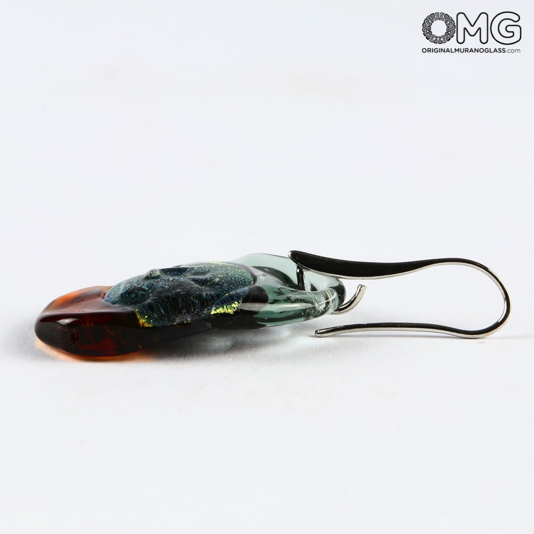 2464 ORIGINALMURANOGLASS Трёхцветные серьги из стекла соммерсо - зелёный и оранжевый - муранское стекло - Original Murano Glass OMG 2 см  - Вид №1