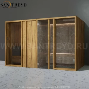 Effegibi YOKU.D SH YO.20220004 Комбинированная баня: хаммам и сауна. Установка: к стене Мощность: 10,5 кВт макс. Размеры: длина 342 см, ширина 170 см. Отделка: термообработанное дерево и темный керамогранит