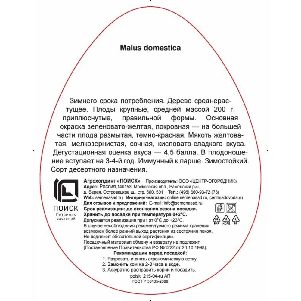 Яблоня колоновидная Каскад в тубе Поиск Инвест 83791286 STLM-2187689 Santreyd  - Вид №2