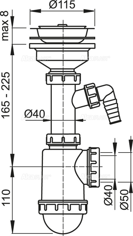 Сифон для мойки с нержавеющей peшeткой DN115 и штуцером ALCAPLAST A446PDN5040 - Вид №1