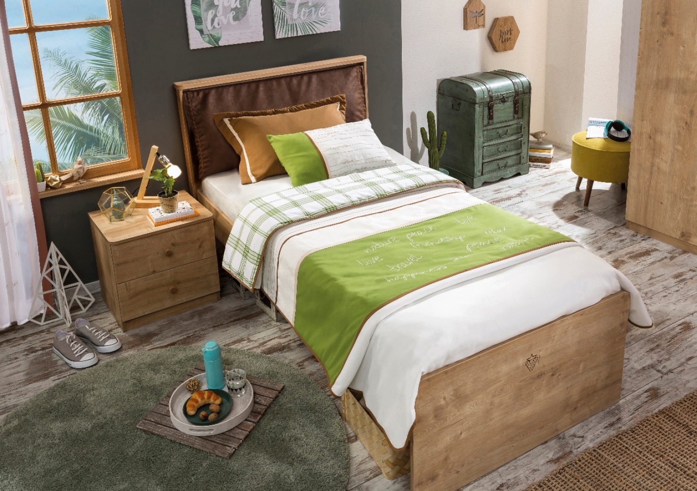Кровать деревянная односпальная 100х200 см орех с мягким изголовьем Mocha CILEK MOCHA 00-3832296 Бежевый Santreyd  - Вид №1