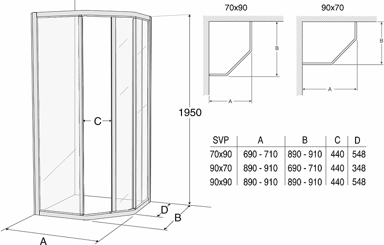 609080 IFO Душевая перегородка пятиугольная массивная SVP NK, алюминиевый профиль, прозрачное стекло, SVP VK 900 x 900 Solid - Вид №1