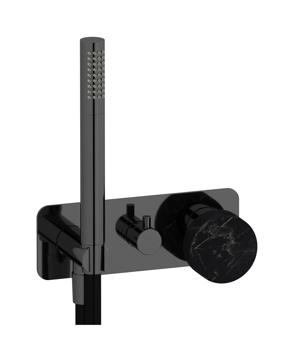 Внешние части встроенного в стену смесителя на 2 потребителя в комплекте с душевым гарнитуром. WE ARE IB mr313cf_2 Black Chrome Marmo