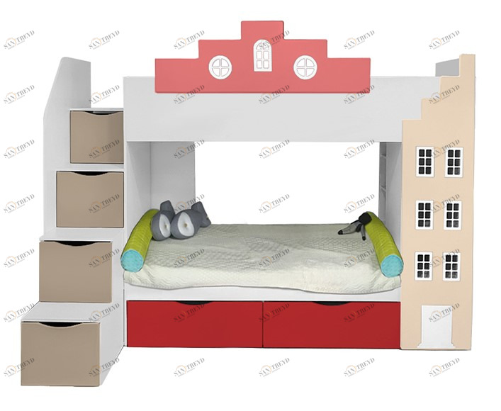 Кровать детская двухъярусная с 2 ящиками правая "Амстердам" МАНДАРИН АМСТЕРДАМ 179534 Разноцветный;белый;бежевый Santreyd 