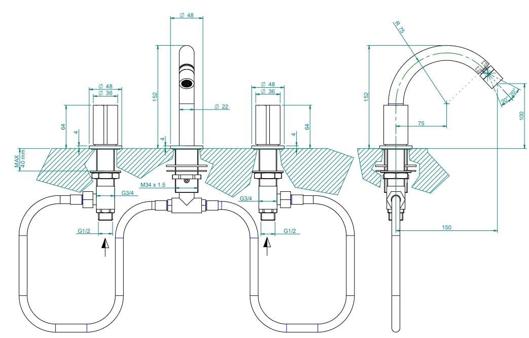 Смеситель для биде с 3 отверстиями из нержавеющей стали Zazzeri Z316 ARCH-00104239 - Вид №2