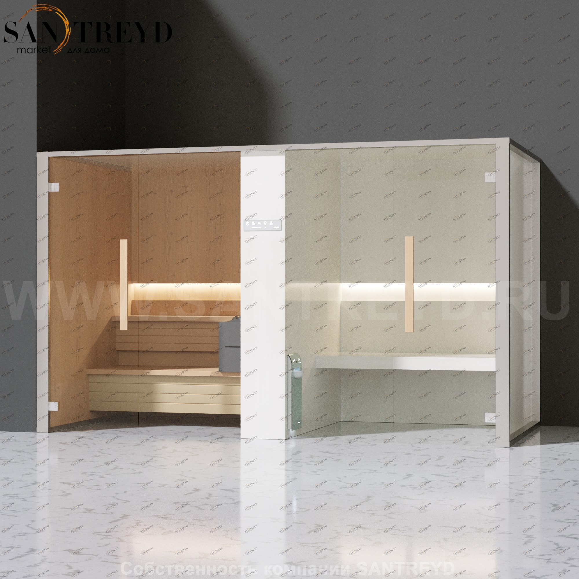 Effegibi LOGICAFILO SH LO41020003 Комбинированная баня: хаммам и сауна. Установка: в левый угол. Мощность: 10,5 кВт макс. Размеры: длина 373 см, ширина 171 см. Отделка: канадский хемлок, матовый лакированный белый аллюминий и серый ламинат из керамогранит