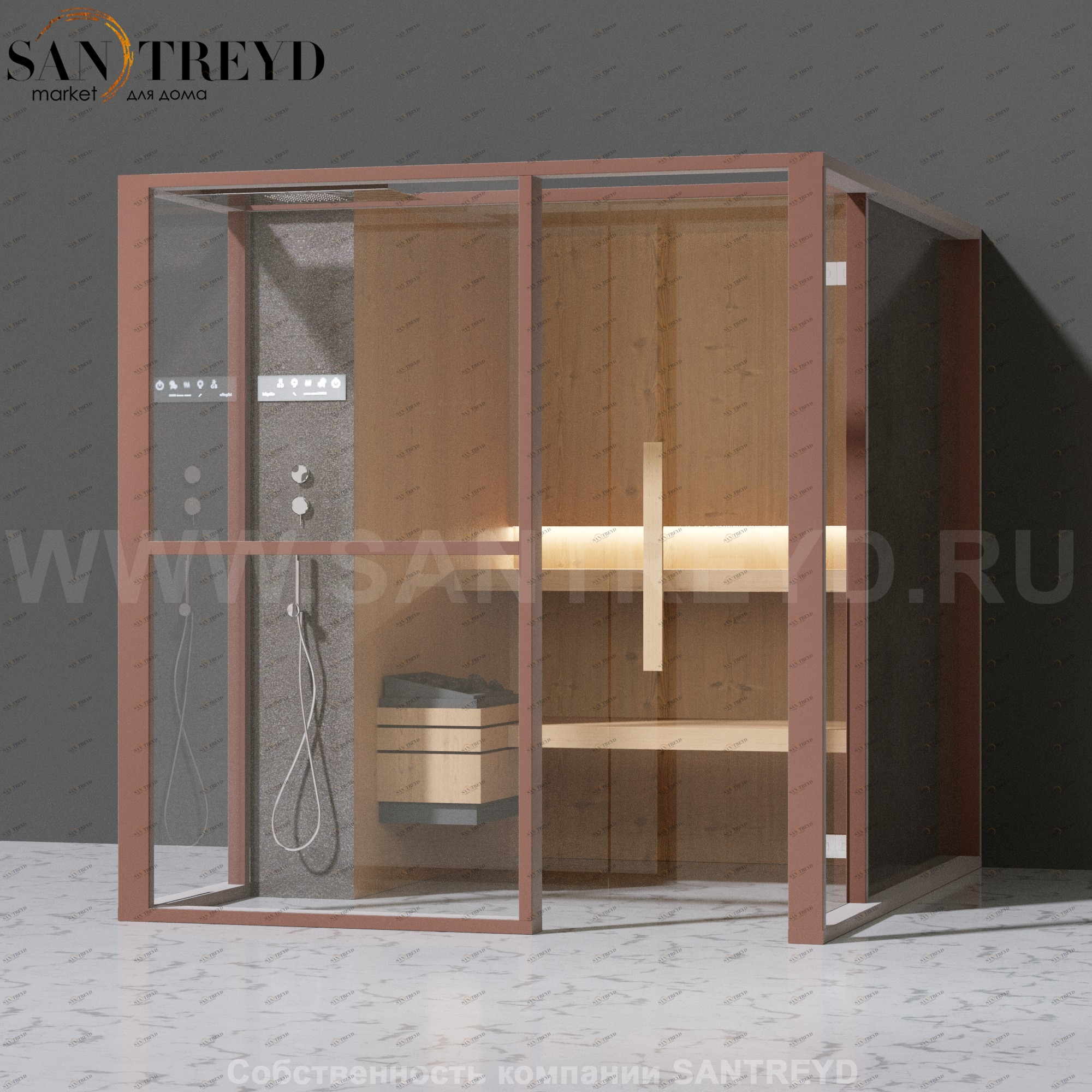 Effegibi LOGICAFILO S LO21030002 Сауна. Установка: к стене. Левая дверь. Мощность: 6 кВт макс. Размеры: длина 214 см, ширина 250 см. Отделка: канадский хемлок, матовый лакированный коричневый аллюминий и темный ламинат из керамогранита.