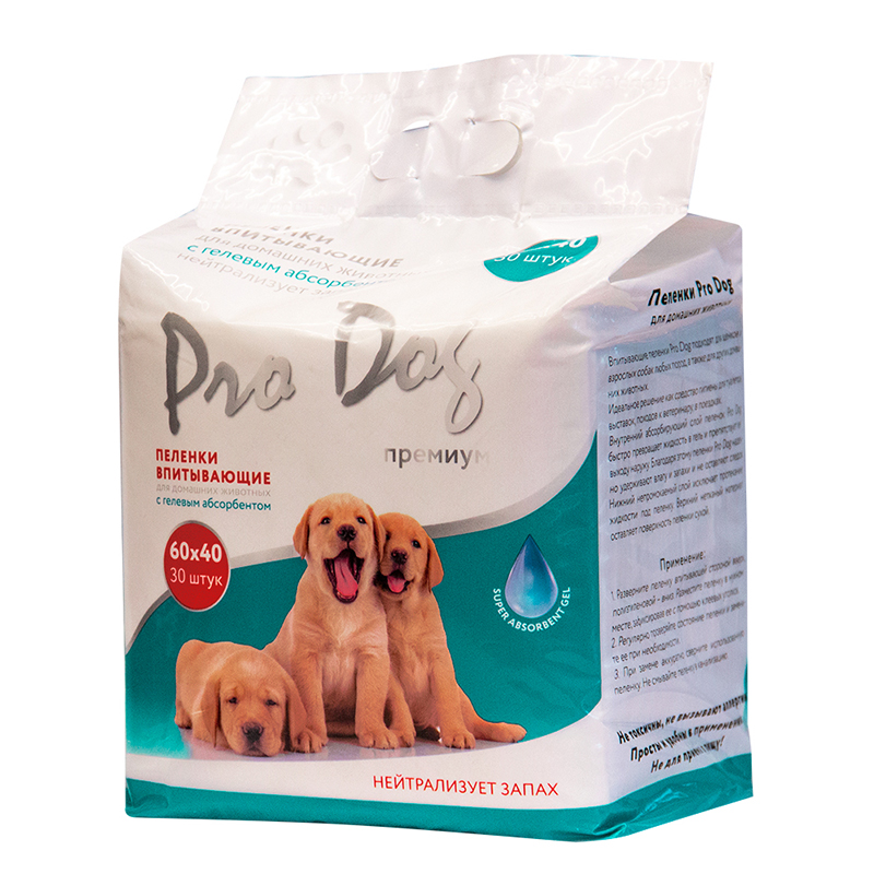 ПР0049232 Пеленки для кошек и собак 40х60см 30шт c гелевым абсорбентом и клеевыми уголками PRO DOG 