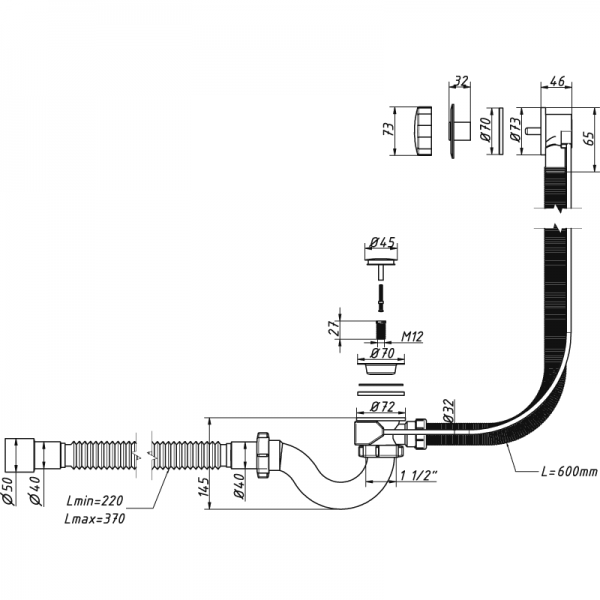 Сифон для ванны с переливом и гибк. трубой (полуавтомат) А-24089 (О)  А-24089 ОРИО 151666 - Вид №1