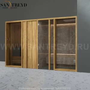 Effegibi YOKU.D SH YO.20220002 Комбинированная баня: хаммам и сауна. Установка: в правый угол. Мощность: 10,5 кВт макс. Размеры: длина 342 см, ширина 170 см. Отделка: термообработанное дерево и темный керамогранит