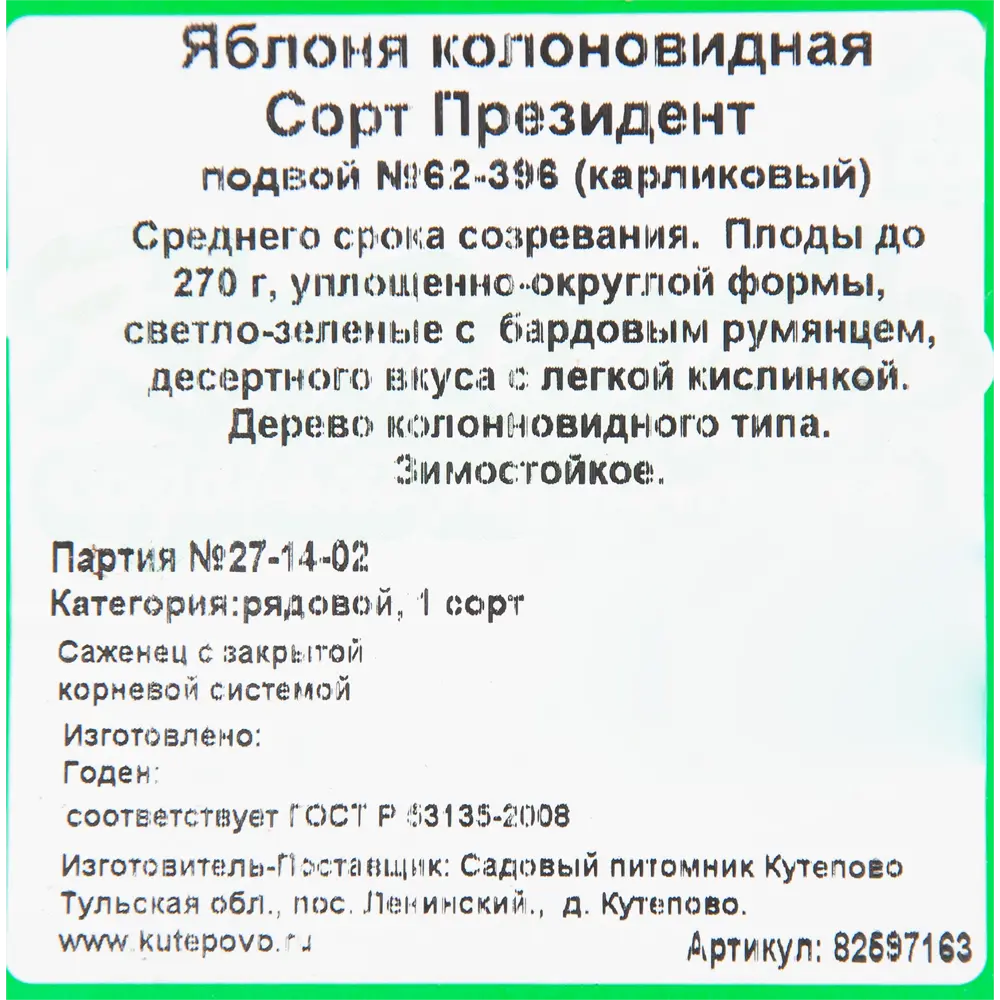 Яблоня колоновидная «Президент» C4 высота 100 см 82597163 STLM-2081345 Santreyd  - Вид №1