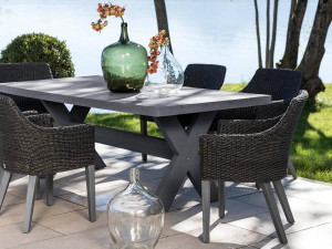 98.00.0706 Обеденный набор Tortuga twist черный - 11 шт. вкл. 4x кресла черный / серый камень, включая подушку по вашему выбору, 1x трехместная скамья, 1x стол Crossleg 220 × 100 серый камень Mbm