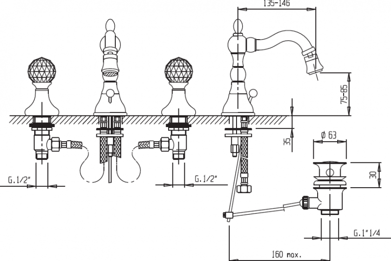 Смеситель для биде на три отверстия Cezares ATLANTIS-BBS2-02-Sw/M - Вид №1