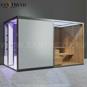 Effegibi BODYLOVE SH BL45230008 Боковая комбинированная баня: хаммам и сауна. Установка: к стене. Мощность: 15 кВт макс. Размеры: длина 393 см, ширина 176 см. Отделка: термообработанная древесина, гладкое стекло.