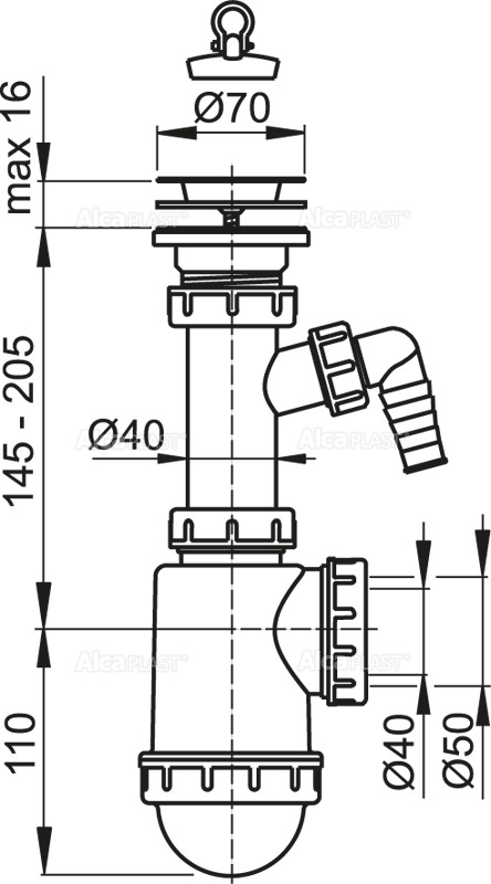 Сифон для мойки с нержавеющей решеткой DN70 и штуцером ALCAPLAST A441PDN5040 - Вид №1