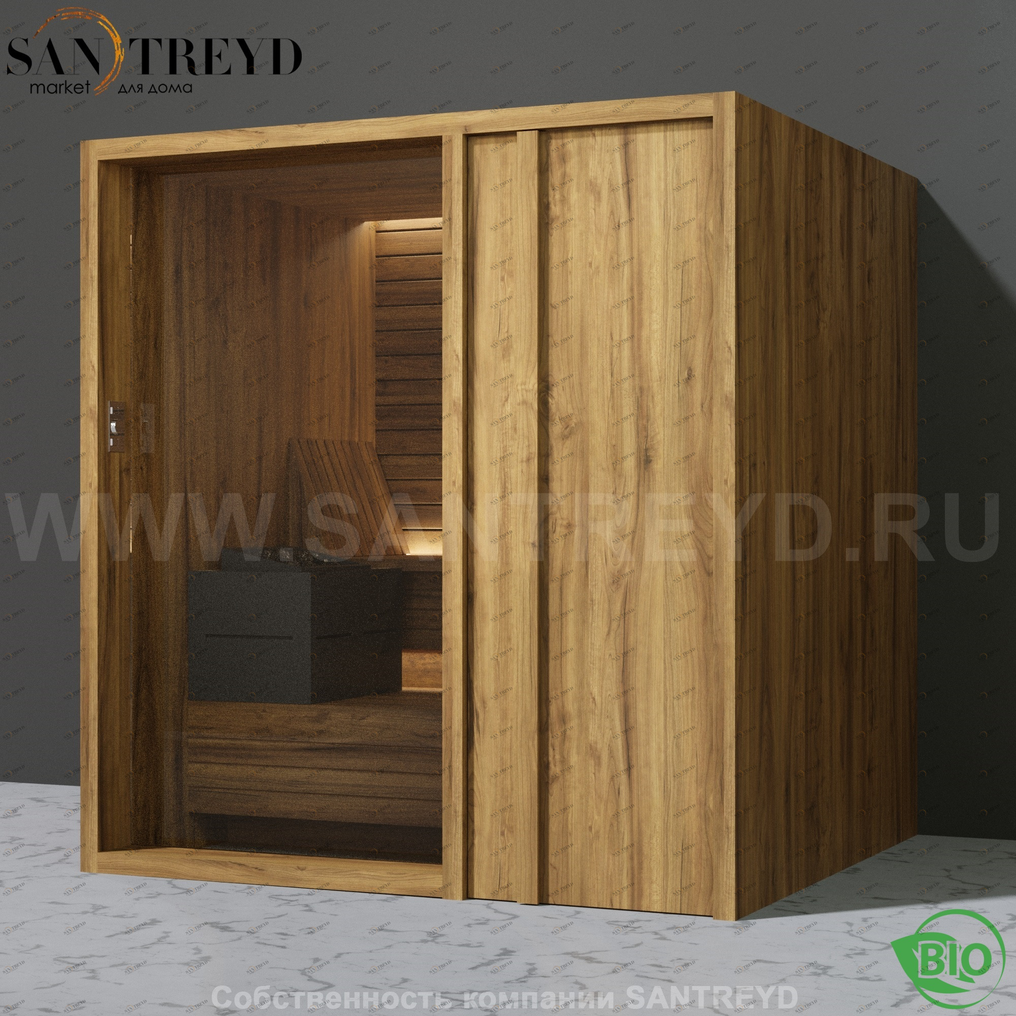 Effegibi YOKU.D80 BI.70200011 Био-сауна с правой дверью. Мощность: 9 кВт макс. Размеры: длина 202 см, ширина 180 см. Отделка: термообработанное дерево BI70200011