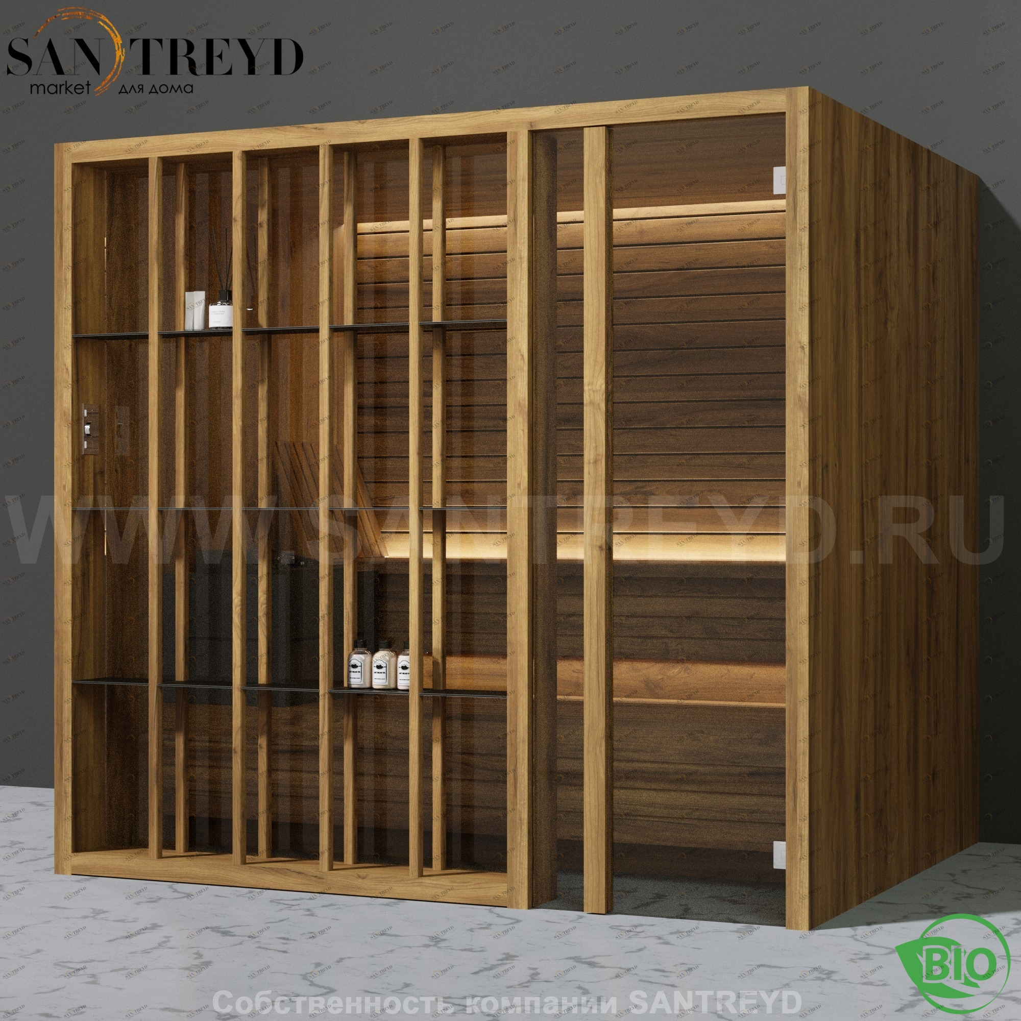 Effegibi YOKU.S105 BI.70100005 Био-сауна с правой дверью. Мощность: 12 кВт макс. Размеры: длина 230 см, ширина 200 см. Отделка: термообработанное дерево BI70100005