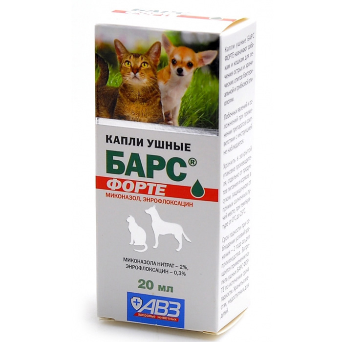 УТ0003900 Капли ушные БАРС Форте для лечения отитов собак и кошек 20мл АВЗ 