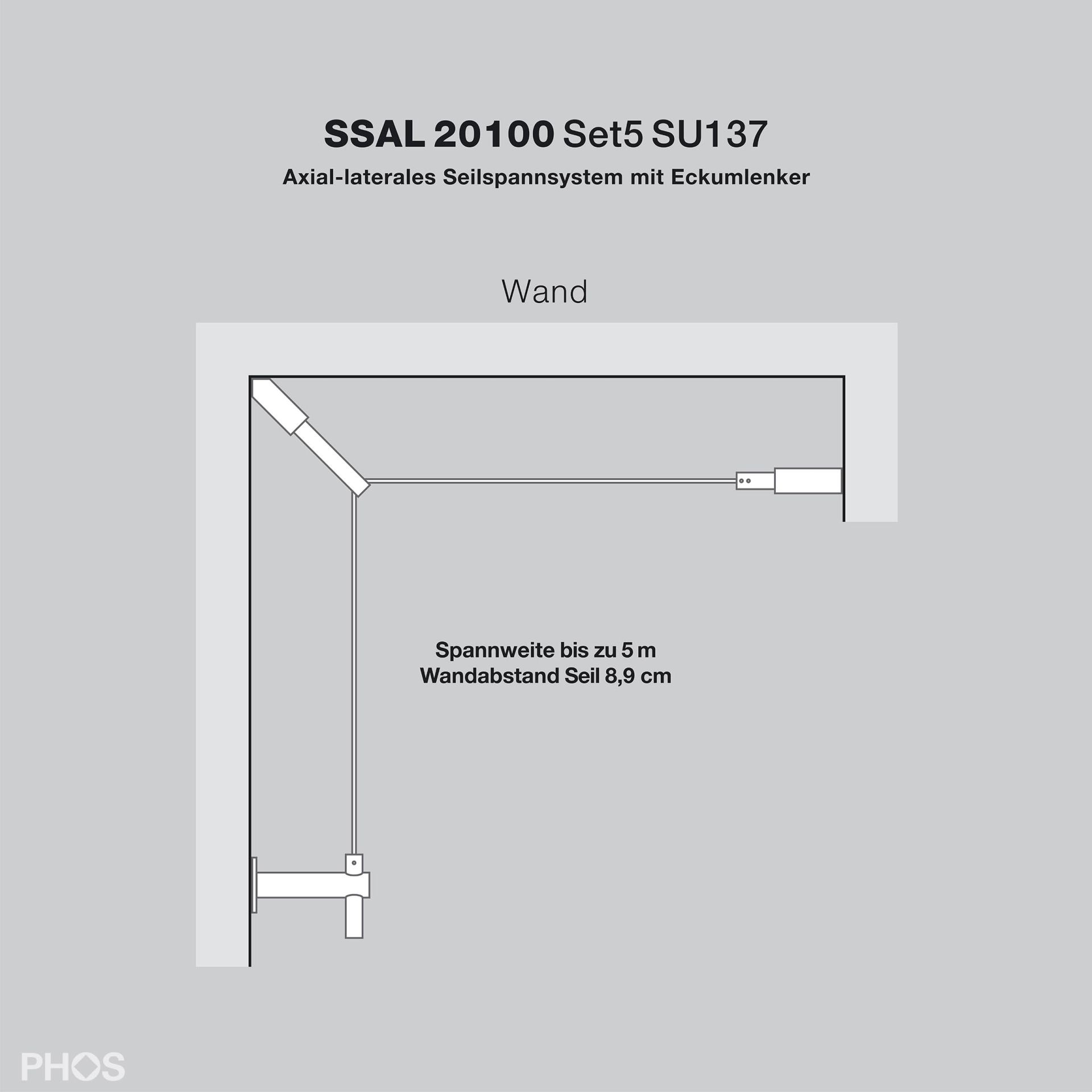 SSAL20100Set5SU137 Система натяжения кабеля осе-поперечная с угловым дефлектором до 5 метров, большое расстояние от стены или потолка PHOS  - Вид №2