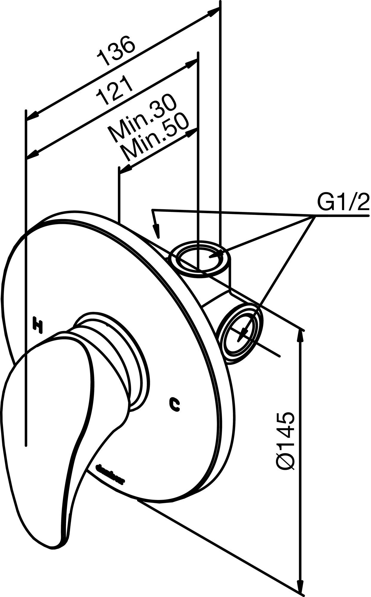 107500000 смеситель монтируемый в стену с г/к регулятором Damixa Space - Вид №2