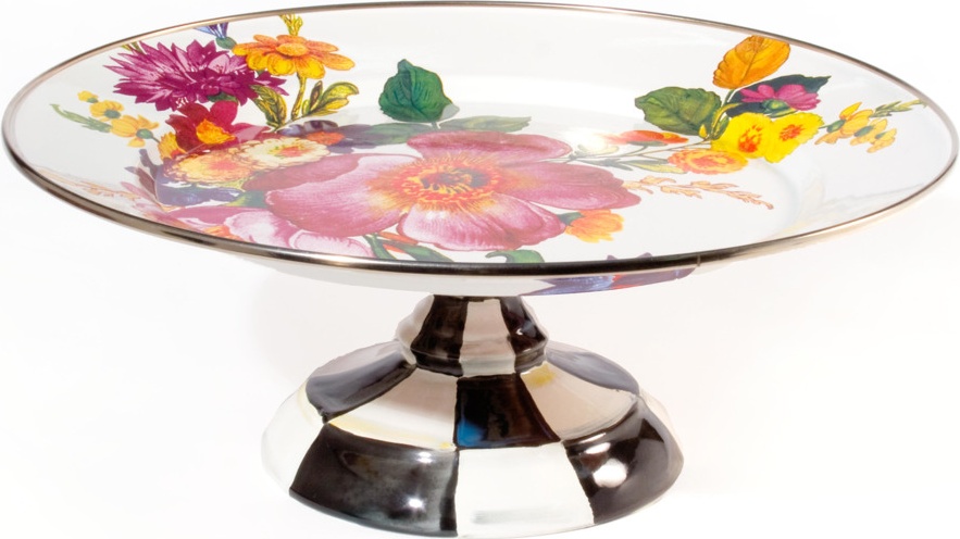 10654512 Mackenzie-Childs Блюдо сервировочное на подставке 30см (белое) Flower Market Сталь 