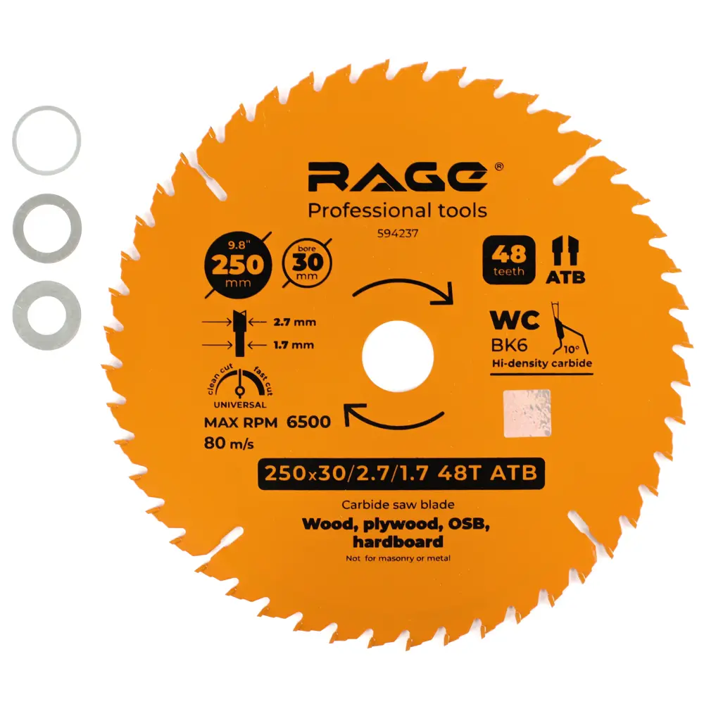 Универсальный пильный диск RAGE для дерева 250 мм с переходными кольцами 88928411 STLM-0848048 - Вид №1