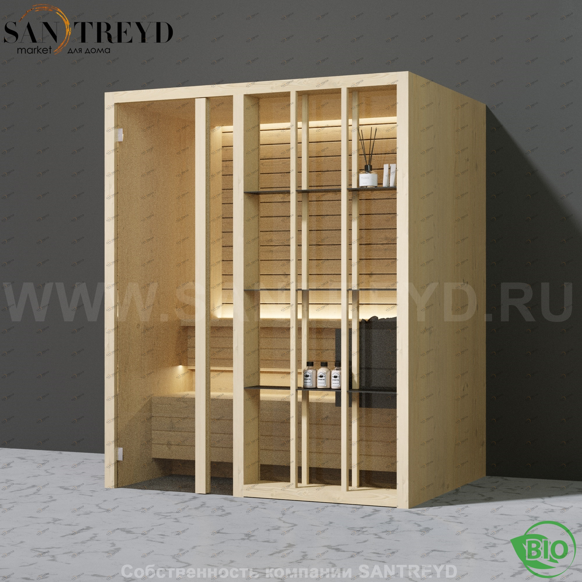 Effegibi YOKU.S45 BI.70100022 Био-сауна с левой дверью. Мощность: 4,5 кВт макс. Размеры: длина 174 см, ширина 132 см. Отделка: осина термообработанная BI70100022