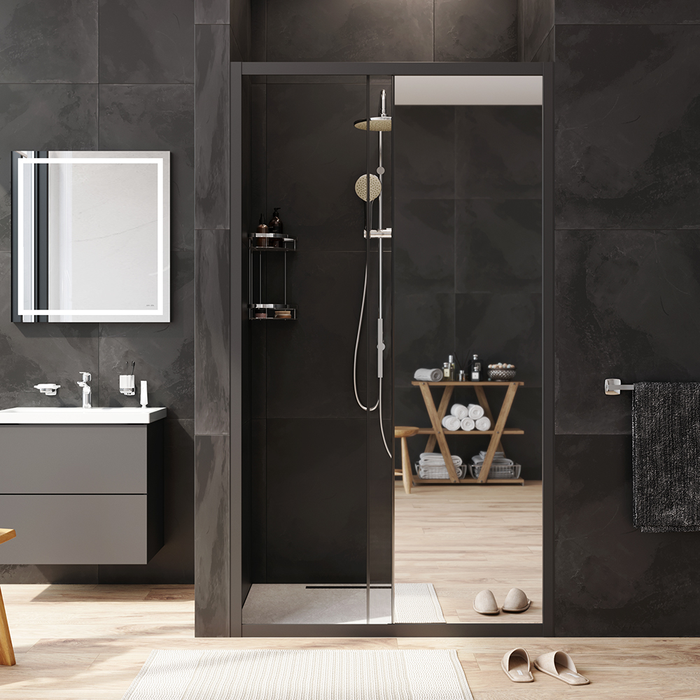 W90G-110-1-195BMir Solo Дверь душевая 110х195 стекло зеркальное профиль черный матовый AM.PM Gem - Вид №2