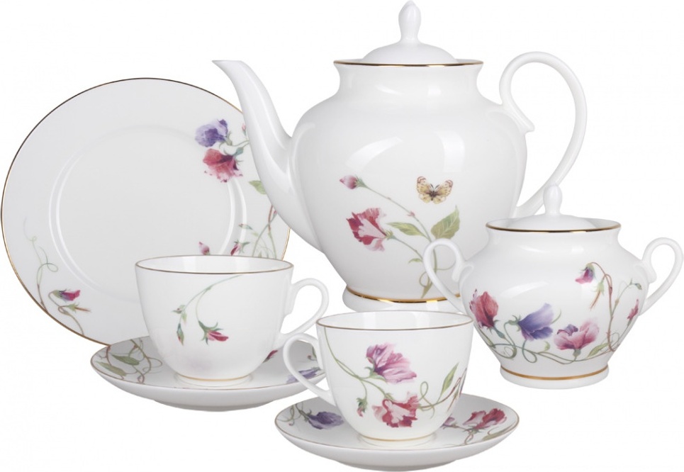 10610662 Императорский фарфоровый завод Сервиз чайный 6/20 "Цветущий горошек" "Весенняя-2 " Фарфор костяной 