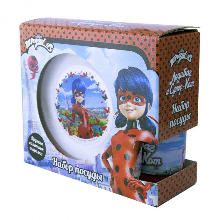 284628 Посуда стеклянная Дисней Набор для завтрака "Леди Баг и Супер Кот" 3 пр. "Бабочки" 9.8 х 21 х 21 см Santreyd 