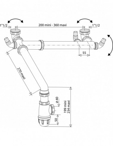 762100 001 00  Компактная трубка, 2 смещенных резервуара, регулируемые, сифон в комплекте, смешанные выпускные отверстия, Д. 40 мм, пластик Valentin Белый  - Вид №2