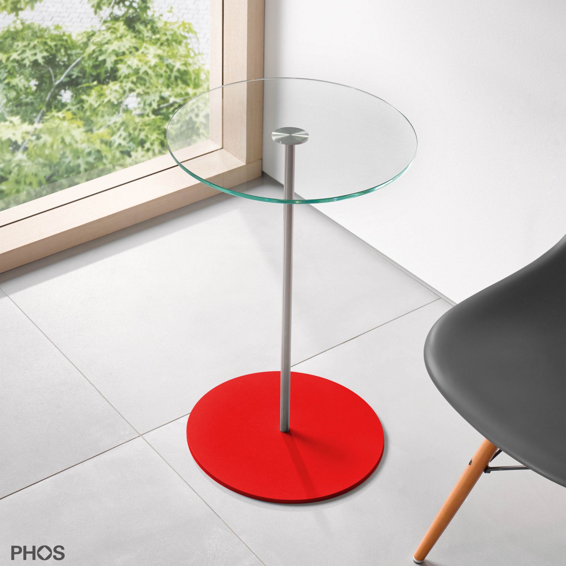 BT600G-BPR Приставной столик со стеклянной полкой, высота 60 см, основание: красное PHOS 