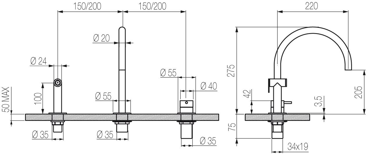 Radomonte Смеситель для кухни на 3 отверстия из нержавеющей стали с вытяжным душем  Cuc56  - Вид №1
