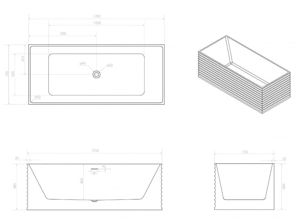 Прямоугольная ванна в центре комнаты из смолы LUSSO Maddox ARCH-00050281 - Вид №3