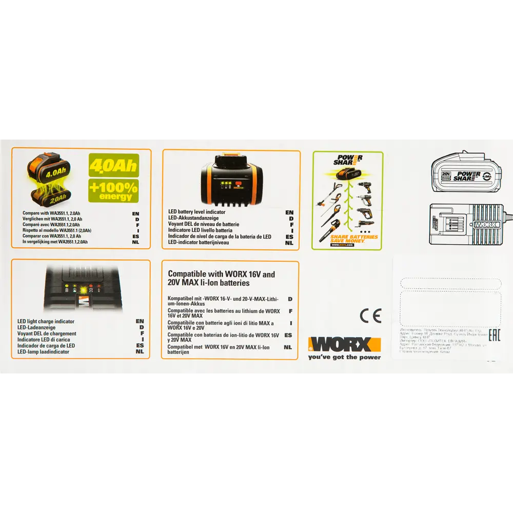 Зарядное устройство Worx 3604, батарея 20 В Li-ion 4 Ач 82342464 STLM-2059718  - Вид №4